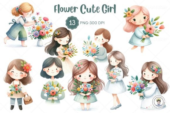 Download Watercolor Cute Girl Flower Clipart - Cute girl Collection